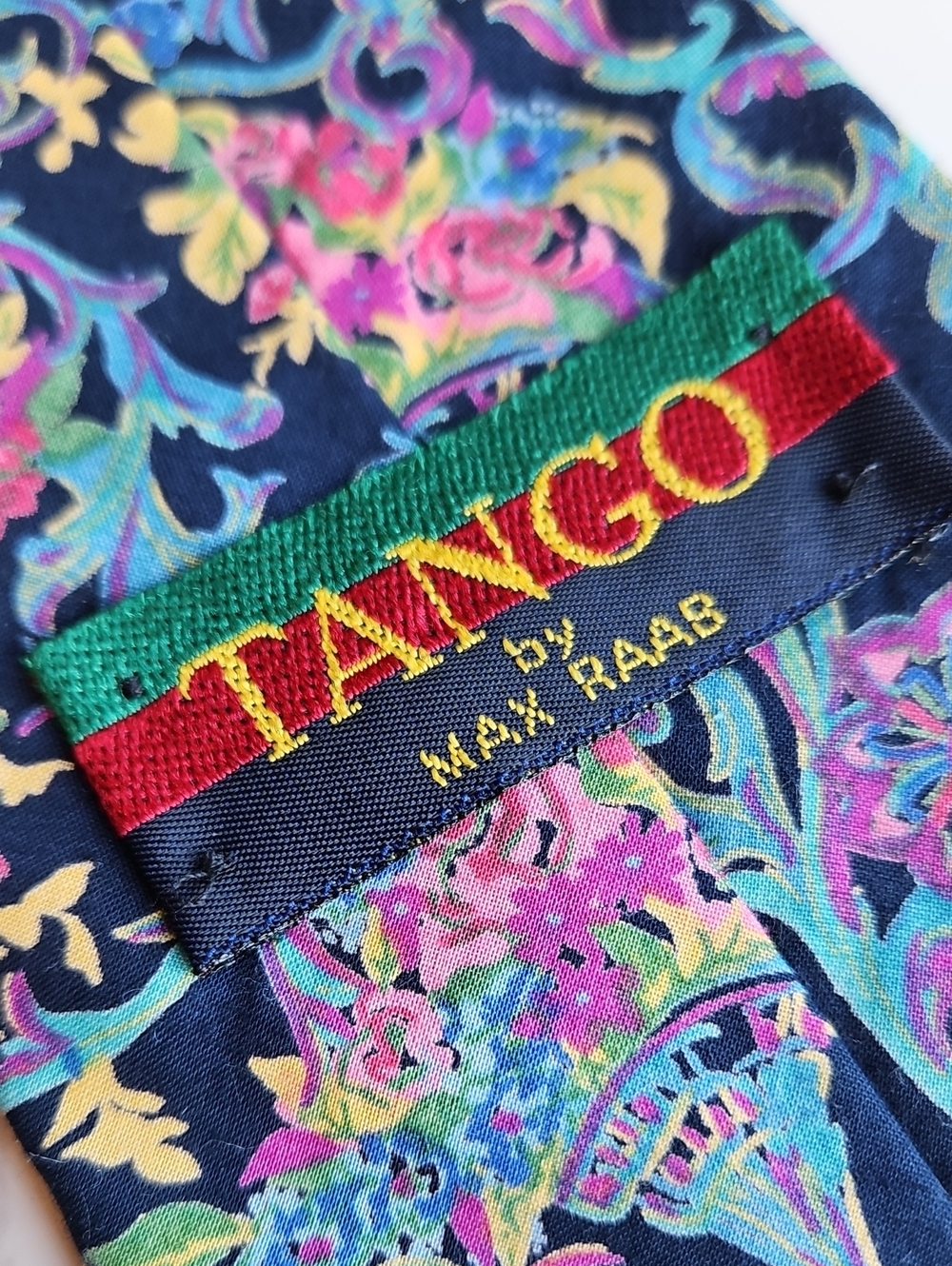 TANGO By Max Raab Vintage Cotton Floral Tie Navy Pink & Teal Abstract - Picture 2 of 5